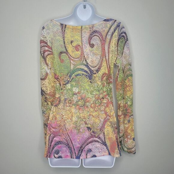Bright pink green yellow semi sheer lace like abstract art to wear top size med - Picture 2 of 7
